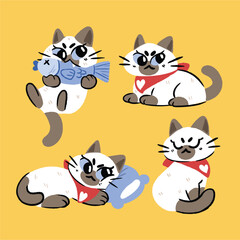 Cute Siamese Cat Wearing Red Scarf with Heart Pattern Holding Fish Doodle illustration
