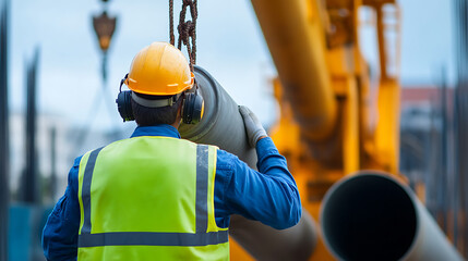 Construction worker handling pipe on-site, wearing safety gear and ear protection, with a crane visible in the background.