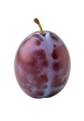 A single unpolished heirloom plum with deep velvety purple, creased skin and dry stem, isolated on a transparent background with negative space. Concept of authentic late harvest
