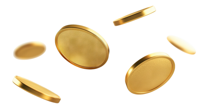 Shiny blank gold coins, tokens, or chips, flying in the air, isolated on transparent cutout background