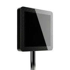 An isolated, sleek, futuristic information kiosk panel of deep obsidian black carbon fiber, reflective, on polished chrome in a high-key studio, concept of advanced smart city tech