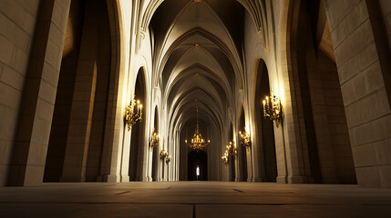 Fototapeta premium Grand arched hallway illuminated by ornate sconces and chandeliers, creating a regal and impressive atmosphere. The architectural details are captivating.