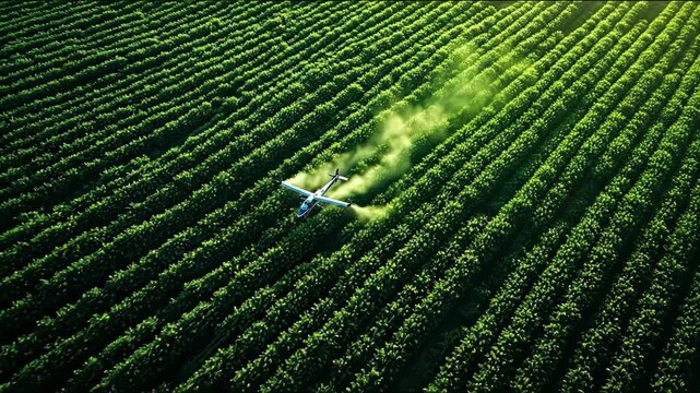 Aerial view of a crop duster plane spraying pesticides over vast green agricultural fields.