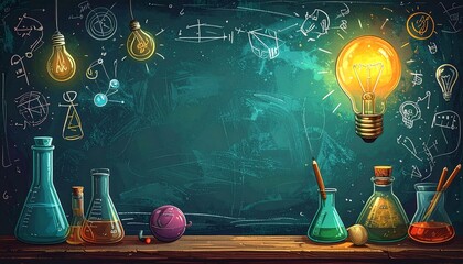 A chalkboard background with glowing lightbulbs, scientific equipment, and doodles, representing ideas.