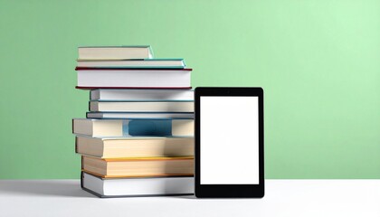 Stack of books next to a blank screen digital tablet on a table