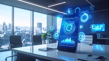 Futuristic technology display on mobile device in modern office setting, seamless integration of - Powered by Adobe
