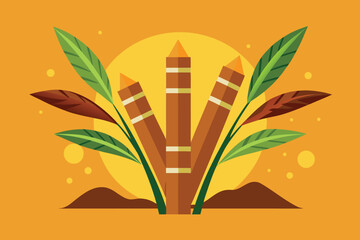 Three Pencils Growing Like Plants Against Orange Sun