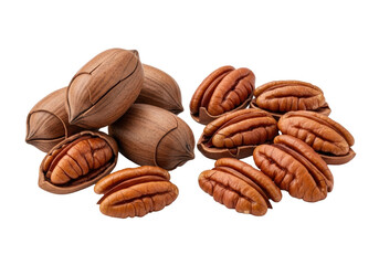 Plump, fresh pecans: whole nuts in dark shells and intricate, glistening amber-toned shelled halves, on a transparent background with copy space. Concept of gourmet autumnal ingredients