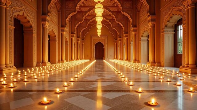 Experience the Grandeur of Diwali A palace aglow with golden arches, marble floors, and thousands of diyas create a magical festive ambiance