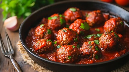Meatballs in tomato sauce from beef in rustic pan