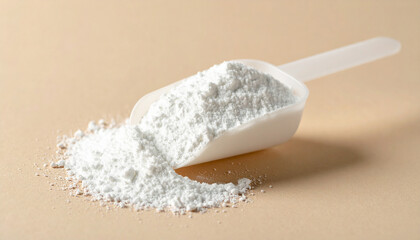 Scoop of white powder. Nutritional supplement, collagen, food ingredient. Sodium Benzoate
