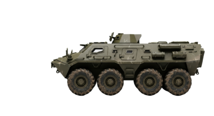 Detailed, gritty, battle-scarred toy armored personnel carrier, matte olive drab, six mud-caked tires, side profile on transparent background with copy space, robustness and readiness for frontier