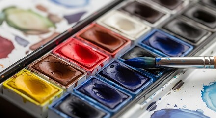 Naklejka premium Close-up of a vibrant watercolor paint set with a paintbrush resting on the pans of color.