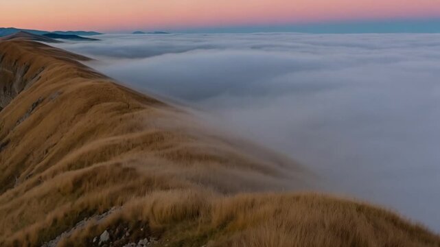 A breathtaking view from the ciucas mountains at sunrise, with golden grass, fog, and a colorful sky in romania, europe