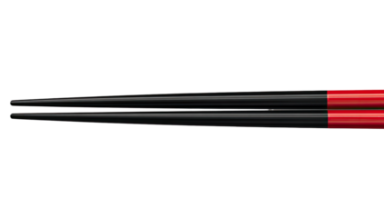 Close-up of black chopsticks with red tips against a black background