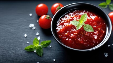 Spicy Tomato Sauce in Black Bowl on Dark Surface with Tomatoes and Mint Garnish Still Life