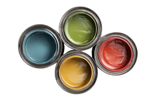 Paint cans of various colors arranged in a circular pattern