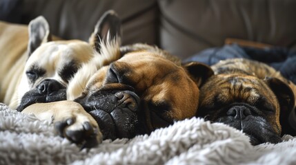 Dogs Sleeping Images, Showing scenes of dogs sleeping curled up on sofas, lying on carpets, nesting in dog beds, and snuggling with owners. Suitable for pet daily record matching images, pet product