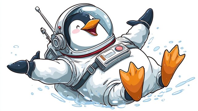 Cheerful penguin cosplaying as an astronaut, happily gliding through water, wearing a spacesuit with antenna