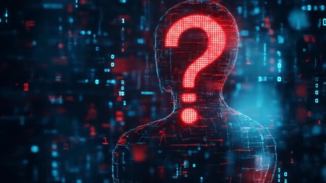Futuristic silhouette with a question mark, surrounded by digital data streams and abstract visuals