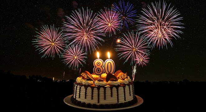 Birthday cake with lit candles and fireworks display in the night sky celebration event