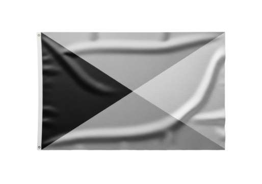 A conceptual flag of tactile recycled paper composite, precise matte black & crisp silver equilateral triangles, rigid on transparent background, concept of abstract industrial design
