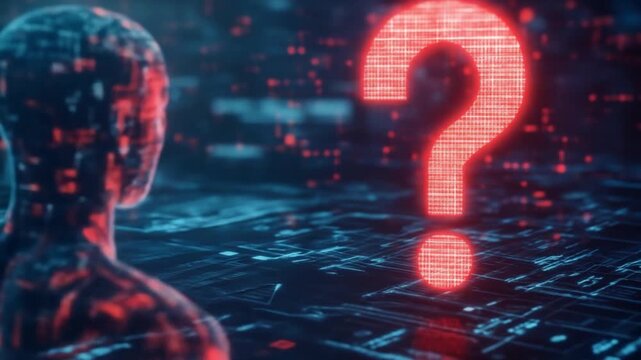 Futuristic digital landscape featuring a humanoid figure contemplating a glowing question mark amidst data streams