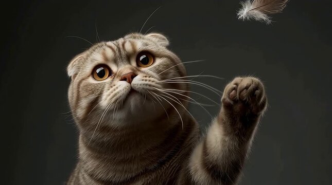 猫じゃらしで遊ぶスコティッシュフォールドの子猫 | Scottish Fold kitten playing with a feather toy