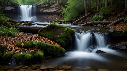 Scenic Waterfall Stream Surrounded by Mossy Woods