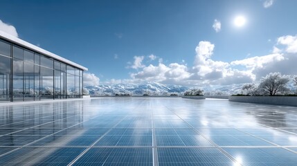 Solar Panel Roof with Glass Building Under Blue Sky and Clouds Daytime Outdoor Cinematic View Eco Friendly Sustainable Energy Generation