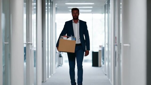 Uncertainty in Transition: A somber figure navigates a modern office corridor, holding a box of belongings, a visual narrative of change and departure.