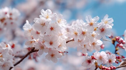 Blossoming branches display delicate white flowers against a bright, blurred sky