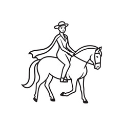 Black and white line art of a beautiful woman with perfect body riding horse elegant minimalist illustration