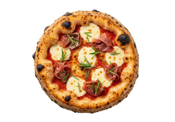 Artisanal sourdough pizza with blistered crust, bubbling provolone, crisp prosciutto, fresh rosemary on transparent background with copy space, gourmet rustic cuisine