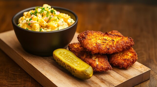 Crispy fried chicken wings with potato salad and a dill pickle spear