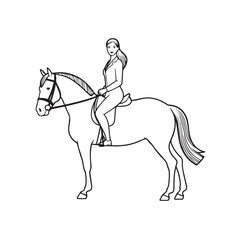 Black and white line art of a beautiful woman with perfect body riding horse elegant minimalist illustration