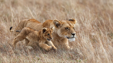 Fototapeta premium A playful lion cub running up to its sleeping mother (2)