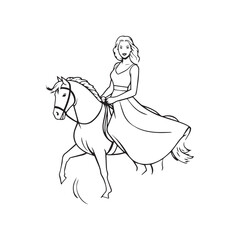 Black and white line art of a beautiful woman with perfect body riding horse elegant minimalist illustration