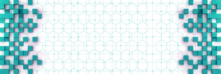 A striking artistic digital render of a geometric backdrop design features an array of turquoise cubes against an intricate grid of hexagonal patterns and linear patterns.