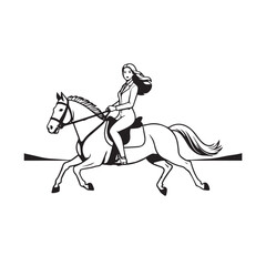 Black and white line art of a beautiful woman with perfect body riding horse elegant minimalist illustration