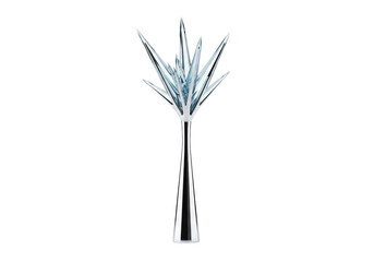 Solitary abstract tree with polished silver trunk, angular ice-blue crystal branches, on white background with copy space, highlighting refractions, concept of futuristic sculptural art