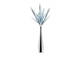 Solitary abstract tree with polished silver trunk, angular ice-blue crystal branches, on white background with copy space, highlighting refractions, concept of futuristic sculptural art