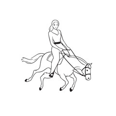 Black and white line art of a beautiful woman with perfect body riding horse elegant minimalist illustration