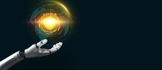 A futuristic robotic hand delicately cradles a glowing digital globe, symbolizing technological innovation and the interconnectedness of the modern world.
