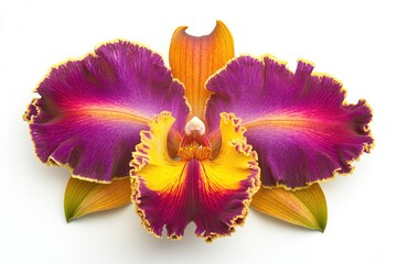 Fototapeta na wymiar A vibrant Cattleya orchid with ruffled petals in shades of purple, yellow, and orange, a stunning floral display.
