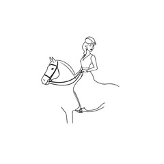 Black and white line art of a beautiful woman with perfect body riding horse elegant minimalist illustration