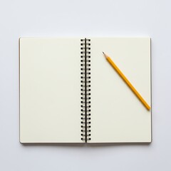 Open Notebook with Blank Pages and Pencil on White Background
