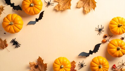 Festive autumn arrangement with pumpkins, leaves, and bat cutouts on a beige background.