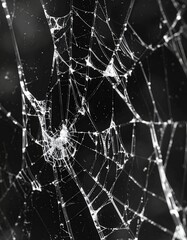 Detailed Macro View of an Intricate Spiderweb Structure in Monochrome.
