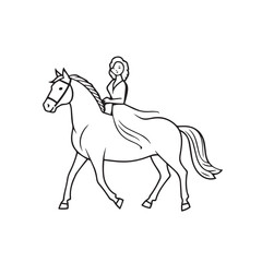 Black and white line art of a beautiful woman with perfect body riding horse elegant minimalist illustration